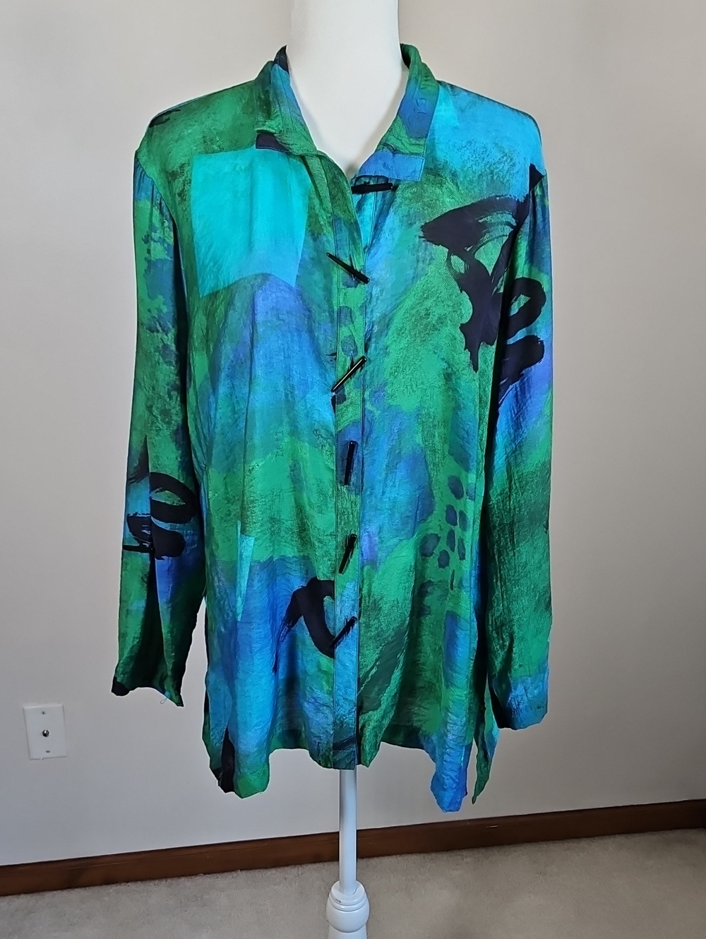 Ali Miles Button Tunic Top Long Sleeve Asian Inspired Watercolor Blue/Green XL